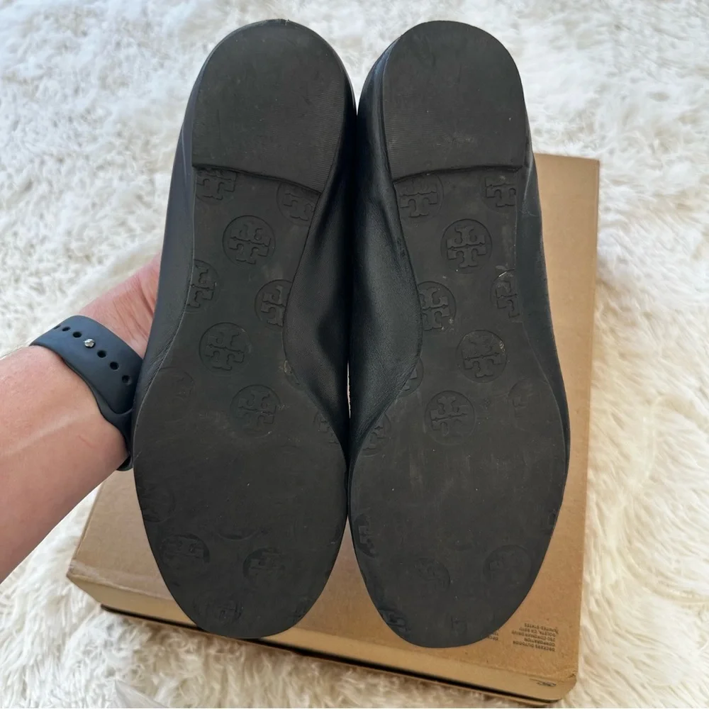 Tory Burch Minnie Travel Ballet Flats Black Leather Logo Women’s Size 8 8.5